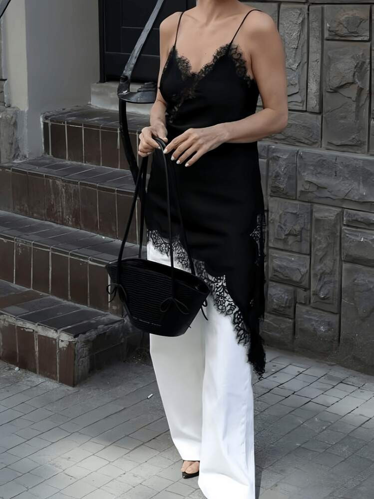 Women's Y2K Satin Lace Trim Cami Dress Spaghetti Strap Sleeveless Asymmetric Hem Dress Soild Color Backless Deep V Neck Casual Going Out Dress Streetwear | SHEIN