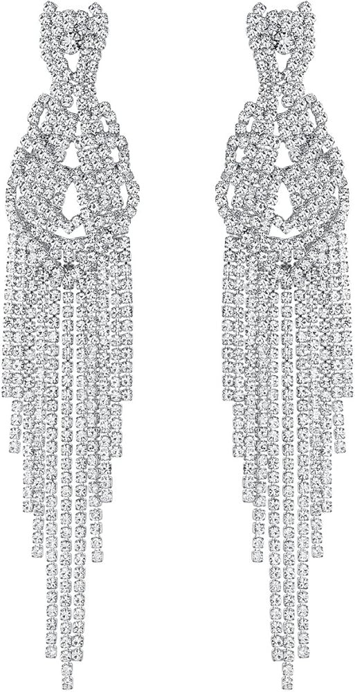 mecresh Silver Rhinestone Crystal Bridal Chandelier Long Tassels Dangle Earrings for Wedding | Amazon (US)