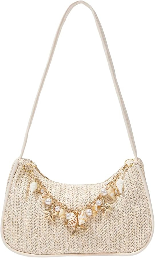 Verdusa Women's Boho Seashell Pearl Beaded Straw Bags Zipper Single Strap Underarm Purses | Amazon (US)