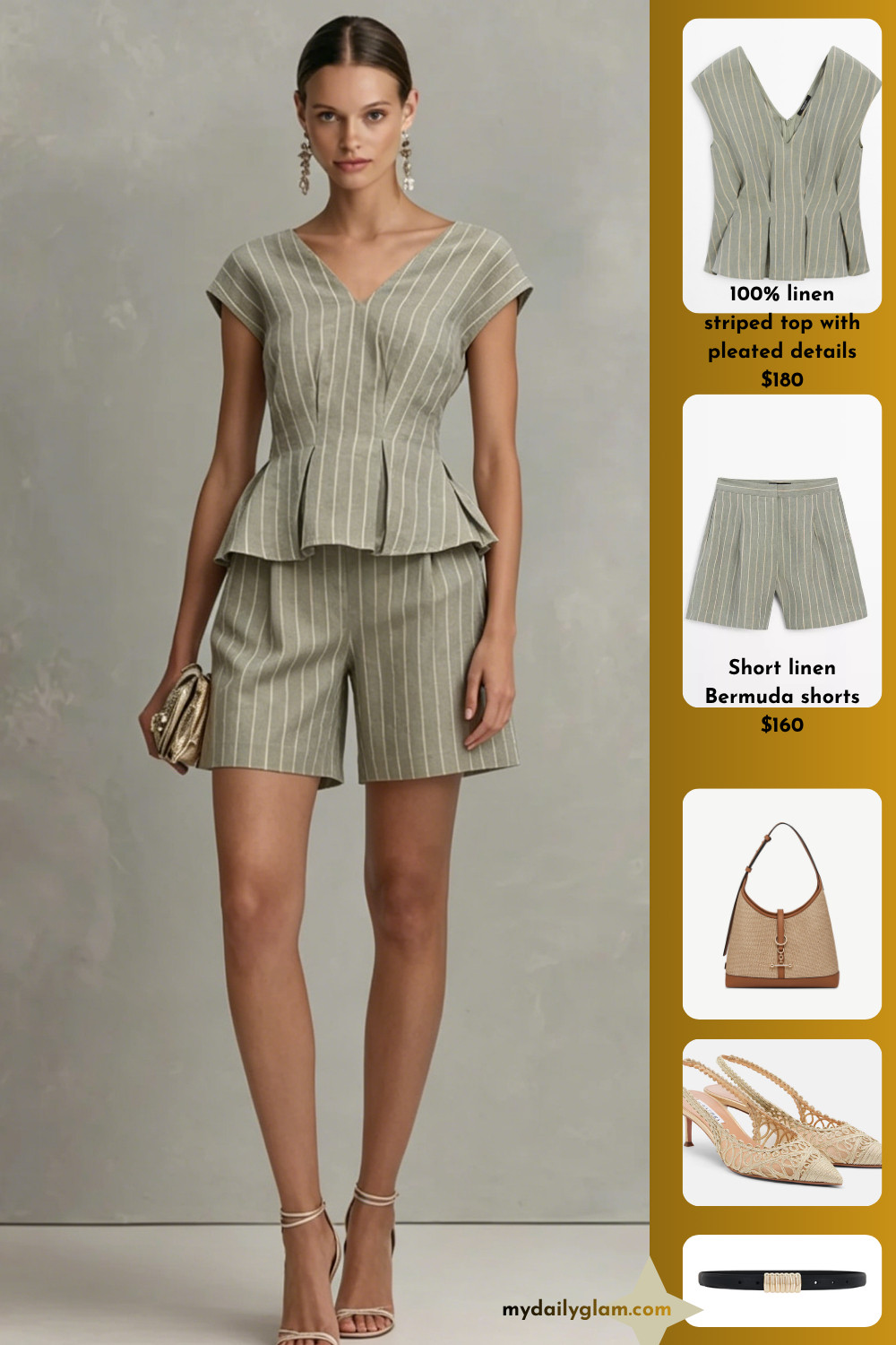 Sage Green Fine Pinstripe V-Neck Cap Sleeve Peplum Linen Top & Matching High Waist Linen Bermuda Shorts Quiet Luxury Neutral Office Co-Ord

#QuietLuxuryStyle #MonochromeLinenSet #LinenWorkwear 

 #LTKootd #LTKOver40 #LTKWorkwear