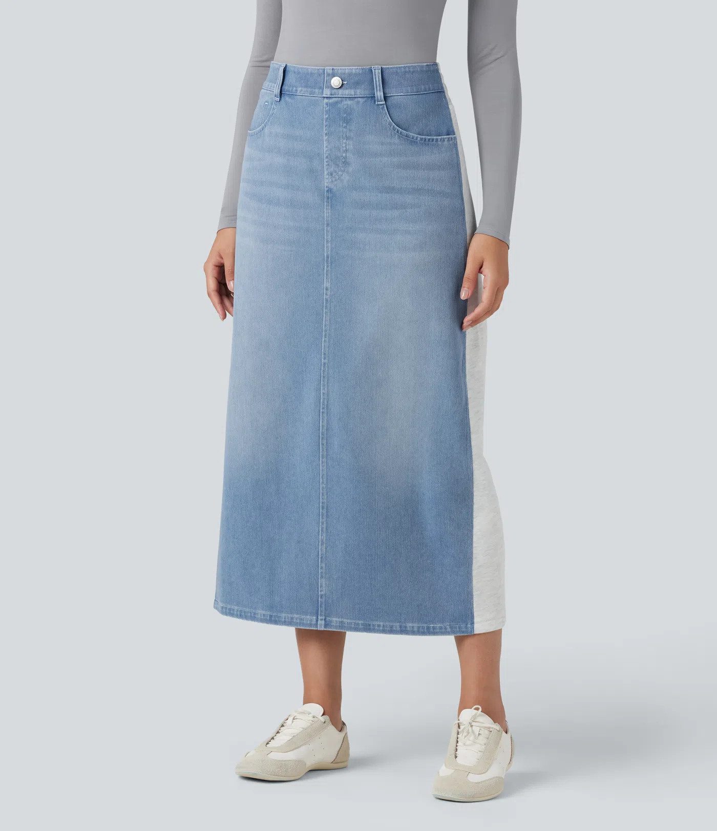 Women’s Halara Flex™ High Waisted Split Midi Color Block Denim Casual Skirt with Pockets - Ha... | HALARA