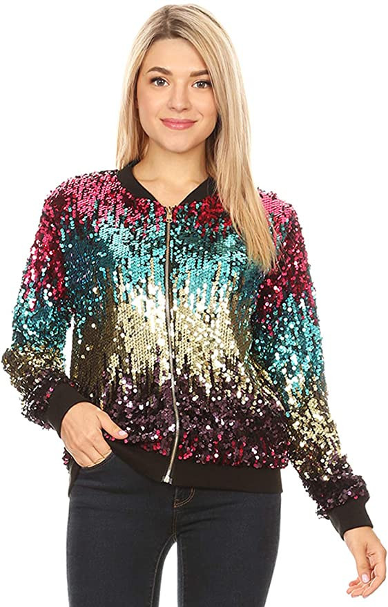 Anna-Kaci Womens Sequin Long Sleeve Front Zip Jacket with Ribbed Cuffs | Amazon (US)