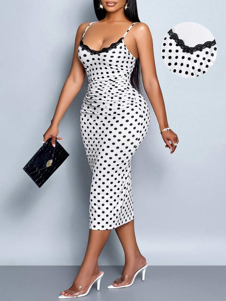 SOLERSUN Plus Size Women's Clothing Spring And Summer Elegant Commuting Retro Sexy Business Old-Money Style Casual Sleeveless V-Neck Valentine's Day Wedding Season Party Holiday Music Festival Black Sexy Lace Suspender Waist Gathered Slimming Extreme Waist-To-Hip Ratio Short-Sleeved Hip-Covering White Polka Dot Mid-Length Dress For Women | SHEIN