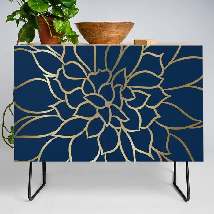 Floral Prints, Line Art, Navy Blue and Gold Credenza | Society6