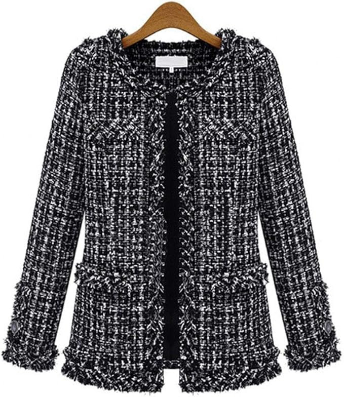 Women's Elegant Open Front Round Neck Fringed Plaid Tweed Jacket | Amazon (US)