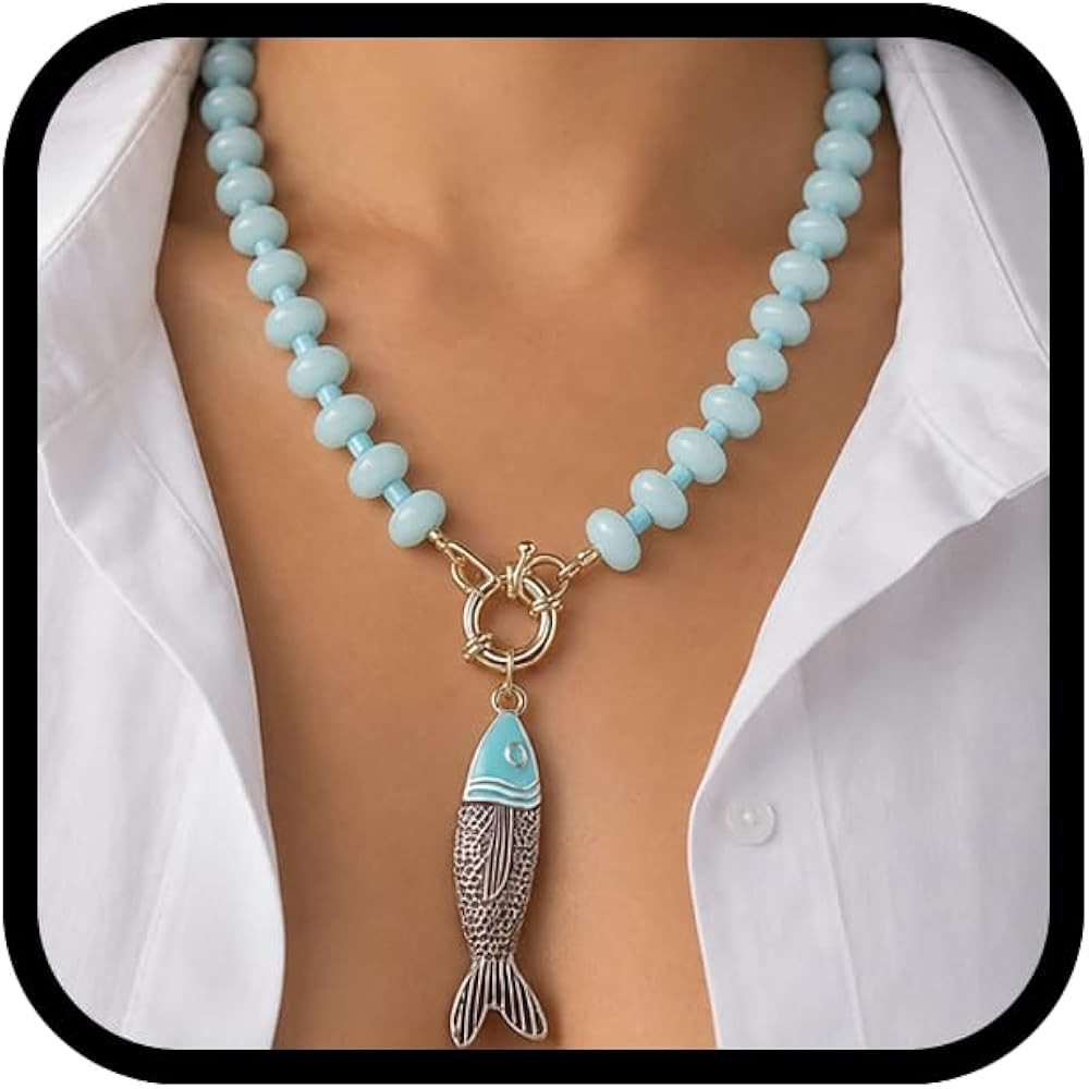 Chunky Acrylic Beaded Fish Pendant Necklace for Women, Boho Big Disc Resin Bead Chain Colorful En... | Amazon (US)