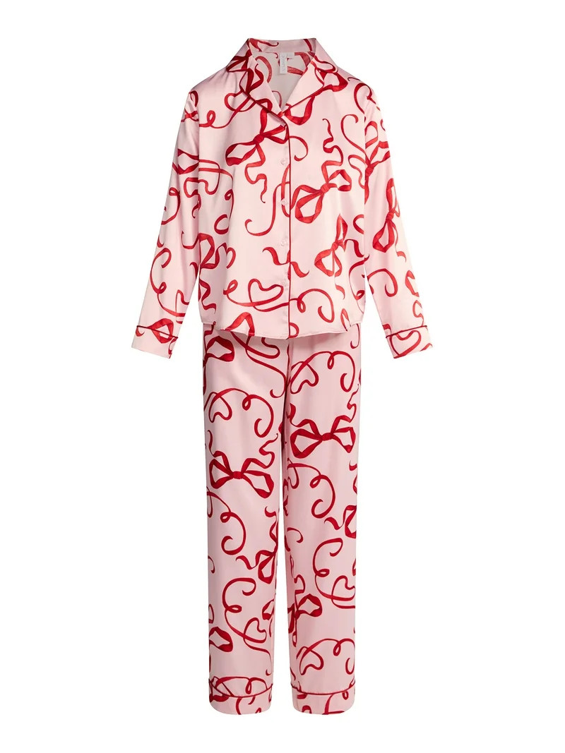 Joyspun Women’s Stretch Satin Notch Long Sleeve Top and Pants Pajama Set, 2-Piece, Sizes XS-3X ... | Walmart (US)