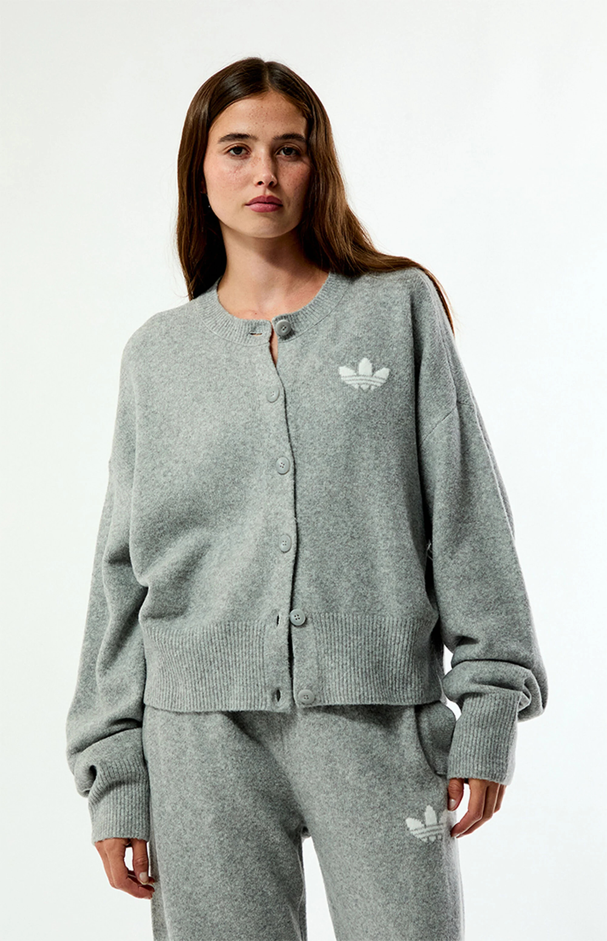 Adidas Women's Essentials Knit Cardigan in Heather Gray - Size Small | PacSun