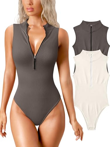 OQQ Women‘s 2 Piece Bodysuits Sexy Ribbed Stretch Sleeveless Zip Front Bodysuits | Amazon (US)