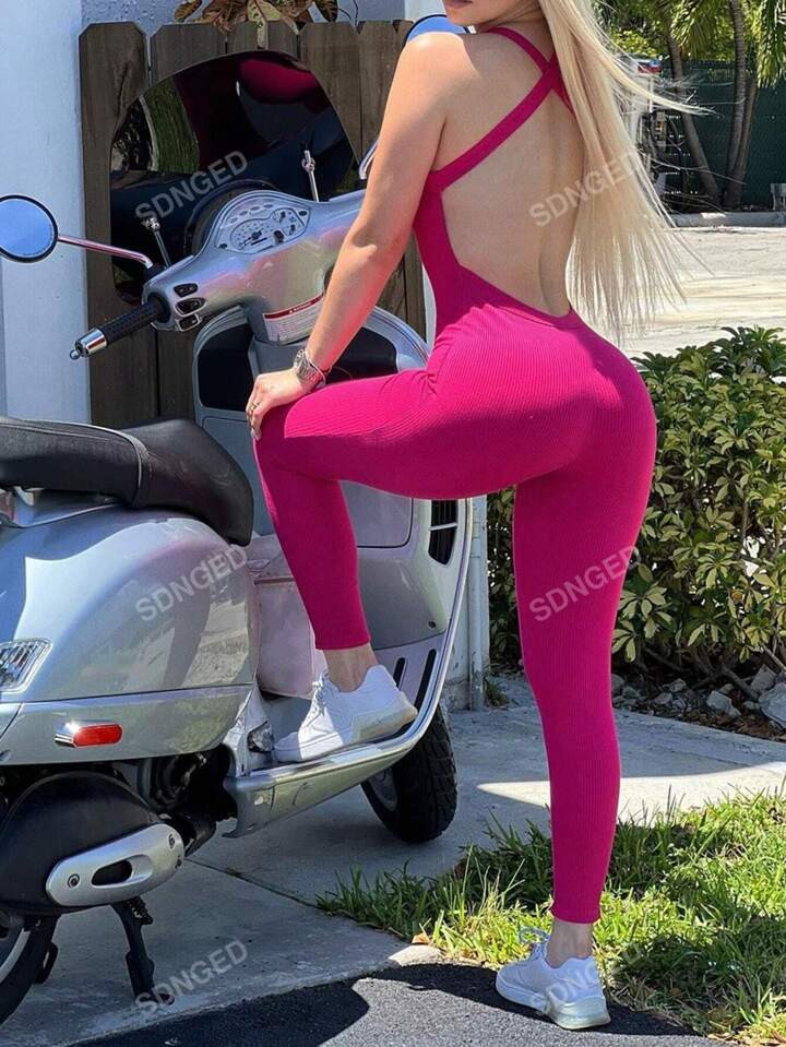 Women's Solid Color Sleeveless Backless Criss-Cross Jumpsuit Workout Gym Clothes | SHEIN | SHEIN