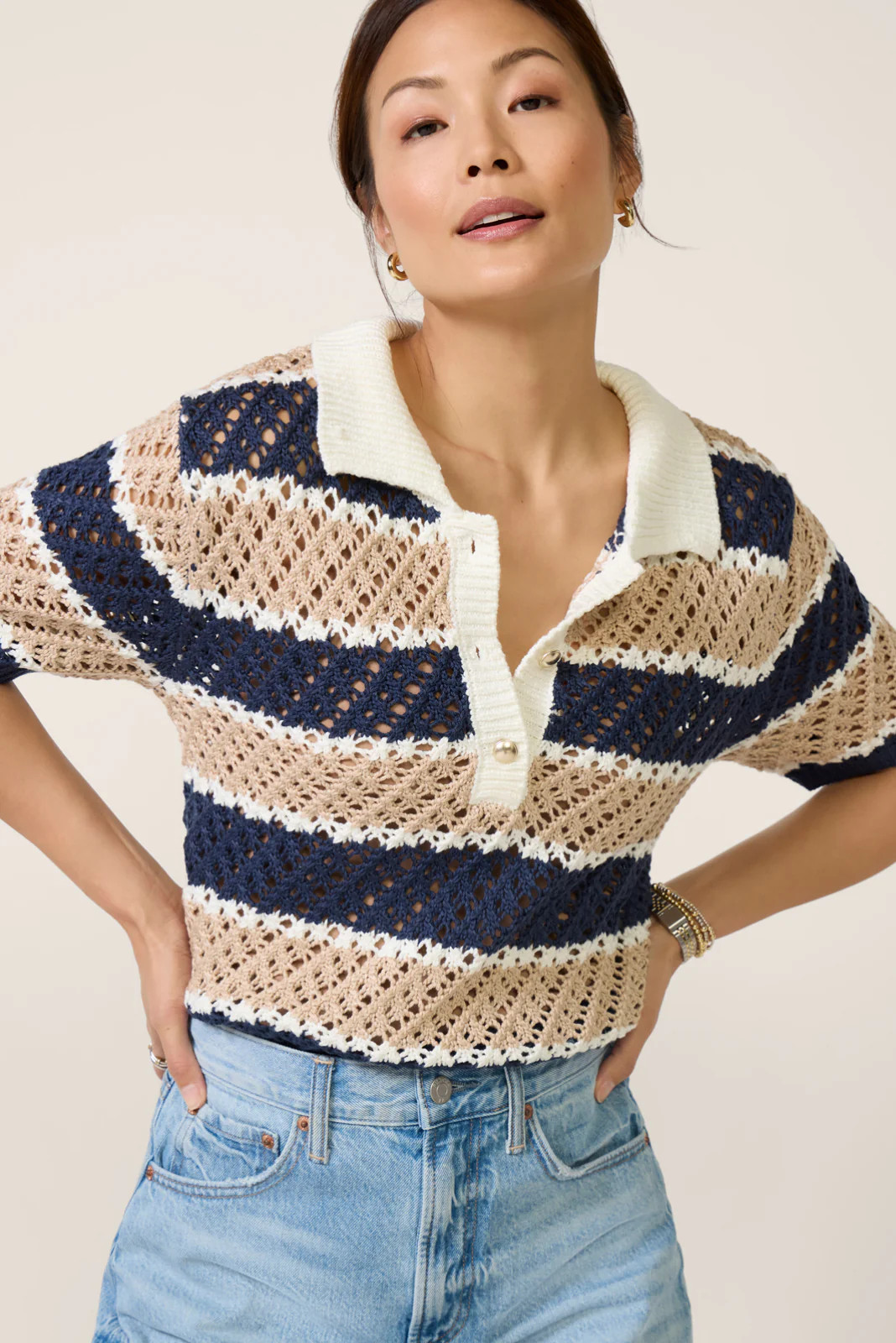 Tatum Stripe Open Stitch Polo Sweater | Evereve
