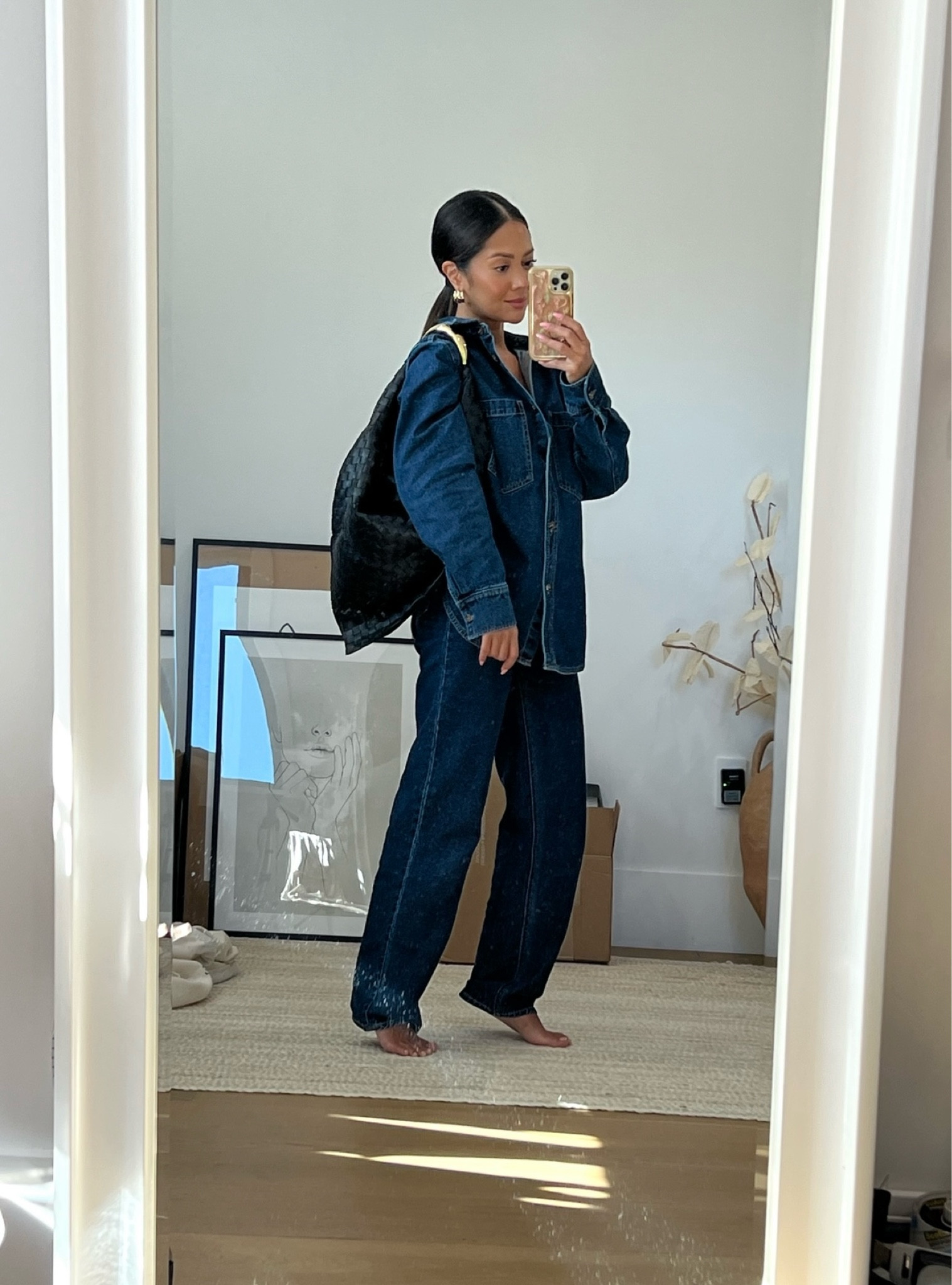 Denim on denim 
Top - S 
Jeans - 0

Denim shirt, denim tapered jeans, fall outfits