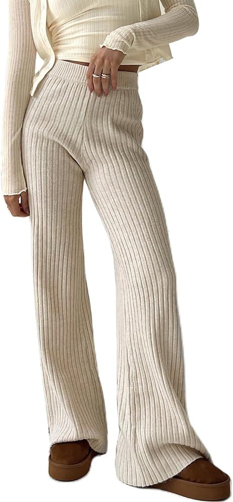 Aiwpstoin Women's Ribbed Knit Wide Leg Pants Elastic High Waist Straight Leg Palazzo Sweater Pant... | Amazon (US)