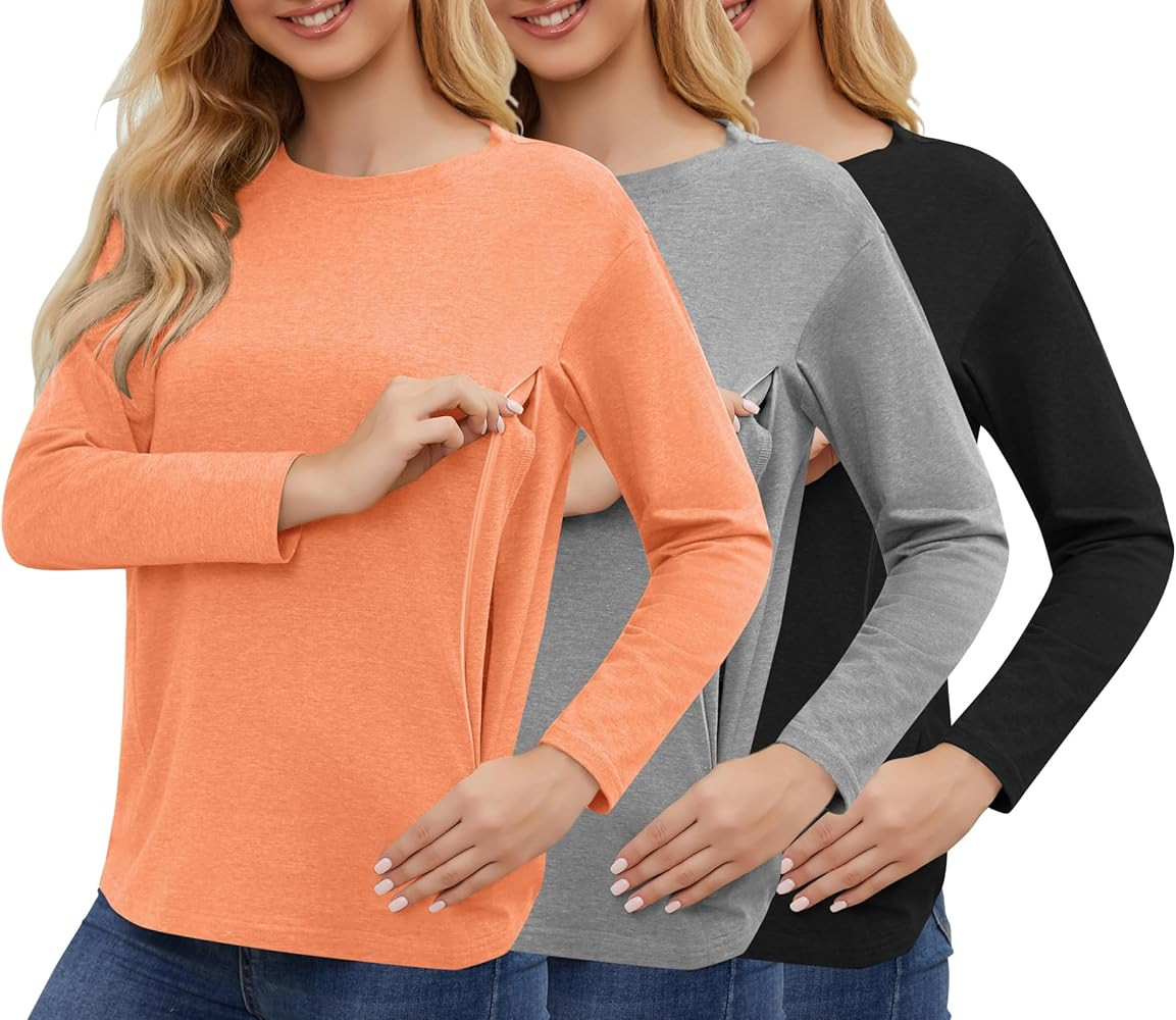 Women's 3 Pack Long Sleeve Nursing Tops for Breastfeeding with Hidden Zippers Soft Cotton Materni... | Amazon (US)