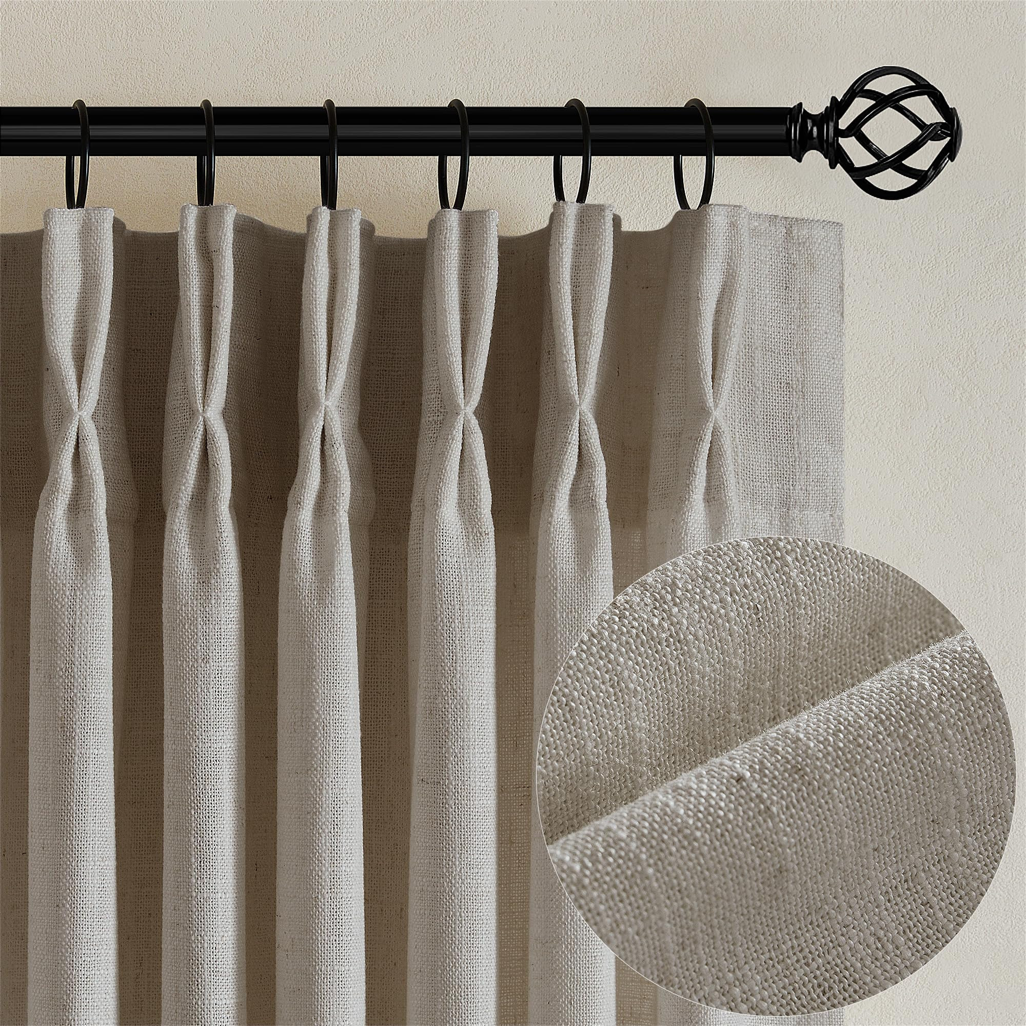 LAIFUCAM Flax Linen Curtains Pinch Pleated 84 Inch Length 2 Pairs Semi Sheer Rustic Farmhouse Back Tab with Hooks and Rings for Living Room | Lowe's