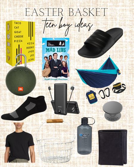 Easter basket teen boy ideas! 🩵

Target Easter finds, Amazon finds, Addias slides, JBL speaker, Hanes socks, Nalgene water bottle, Popsocket, Goodfellow and Co wallet, Taco Cat Goat Cheese Pizza game, The Office mad libs, hammock, portable phone charger 