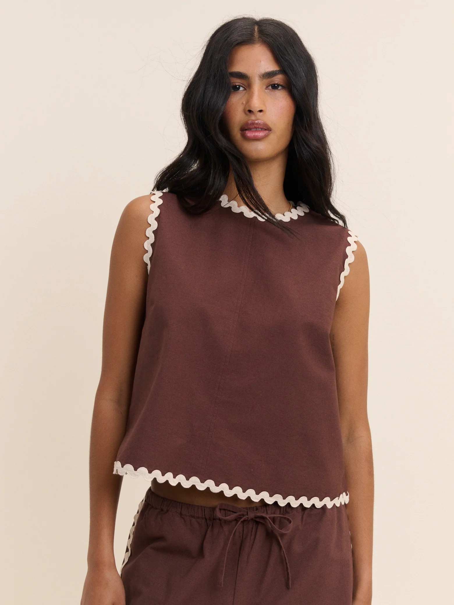 Brown Sleeveless Ric Rac Trim Top | Nobody's Child