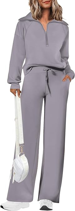 PRETTYGARDEN Women's 2 Piece Outfits Casual Lapel Half Zip Sweatshirts And Wide Leg Pants Tracksu... | Amazon (US)