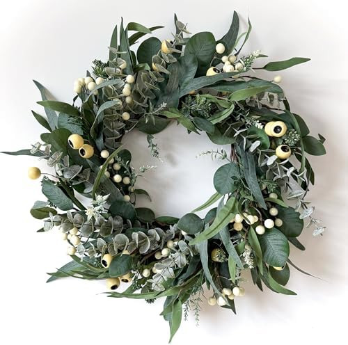 Wreaths for Front Door 22 Inch, All Season Greenery Wreath Olive Eucalyptus Leaves and White Mixe... | Amazon (US)