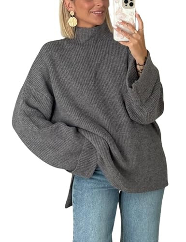 Antnation Oversized Womens Knit Sweater Cozy Ribbed Turtleneck Pullover with Side Slits(Gray-XL) | Amazon (US)
