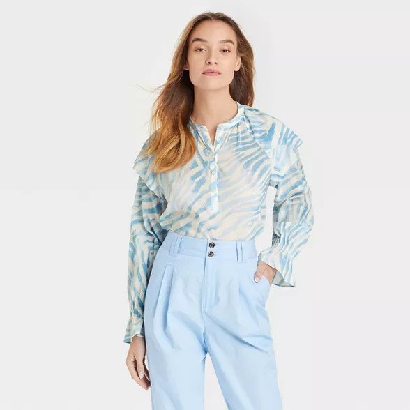 Women's Ruffle Long Sleeve Blouse - Who What Wear™ Blue Zebra Striped | Target