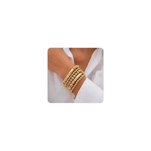 Amazon.com: Jumwrit 5pcs Layered Beaded Bracelets Set for Women Dainty Stretch Elastic Round Ball... | Amazon (US)