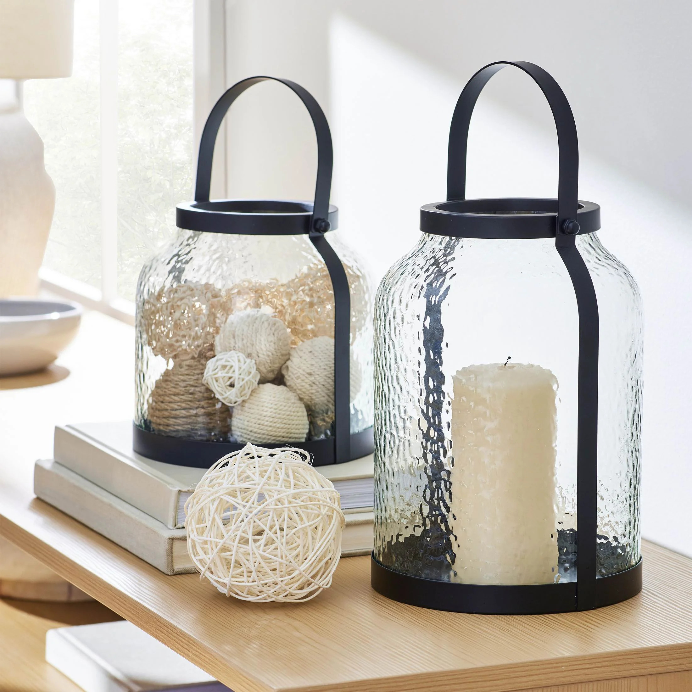 Better Homes & Gardens 11" Decorative Black Metal Hammered Glass Pillar Candle Holder  Lantern, L... | Walmart (US)