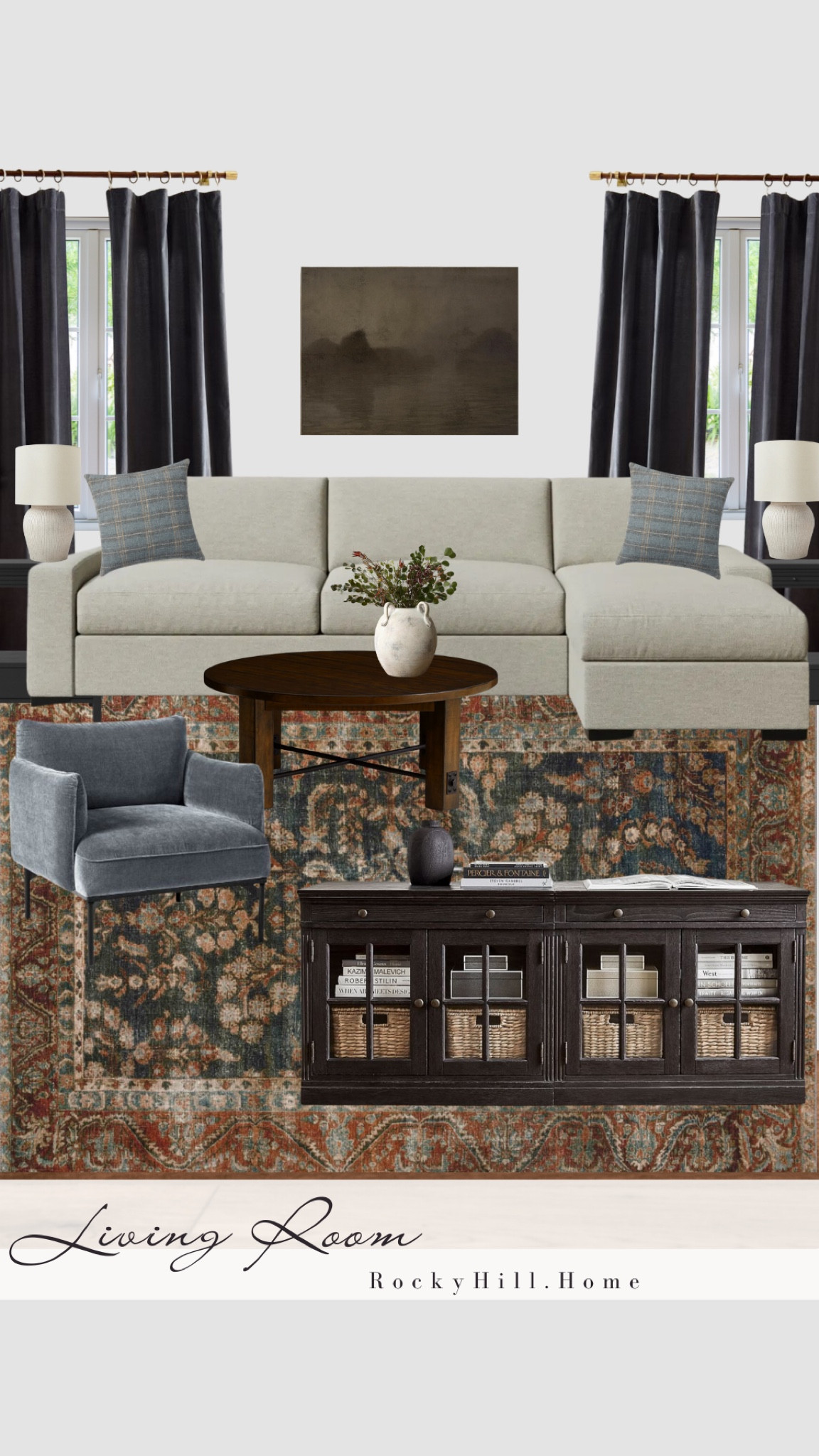 Living Room Design featuring an antique style rug from Chris Loves Julia x Loloi, pottery barn media stand, west elm Penn chair, round coffee table, affordable table lamps 

#LTKFindsUnder100 #LTKStyleTip #LTKHome