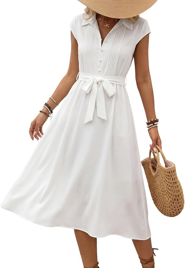 Women's White Shirt Collar Button Front Midi Dress, Elegant Belted A-Line Casual Flowy Summer Dre... | Amazon (US)
