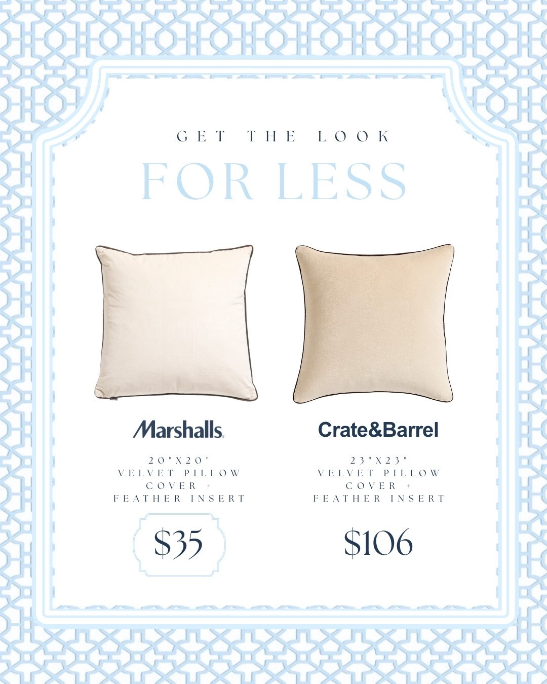 Get the Look for Less! ✨
These neutral velvet pillow covers with feather inserts give you the high-end designer look without the high price.
💡 Marshalls find: 20x20” velvet pillow + feather insert – only $35
🪞 Crate & Barrel: 23x23” velvet pillow + feather insert – $106

Shop my modern coastal home decor picks to create a designer inspired vibe for a fraction of the cost. 🌊🤍 #LookForLess #DesignerDupe #VelvetPillows #ModernCoastal #HomeDecorDeals

#LTKFindsUnder50 #LTKStyleTip #LTKHome