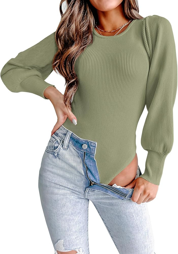 MASCOMODA Long Puff Sleeve Sweaters for Women 2025 Fall Winter Crewneck Knit Ribbed Bodysuit Pull... | Amazon (US)