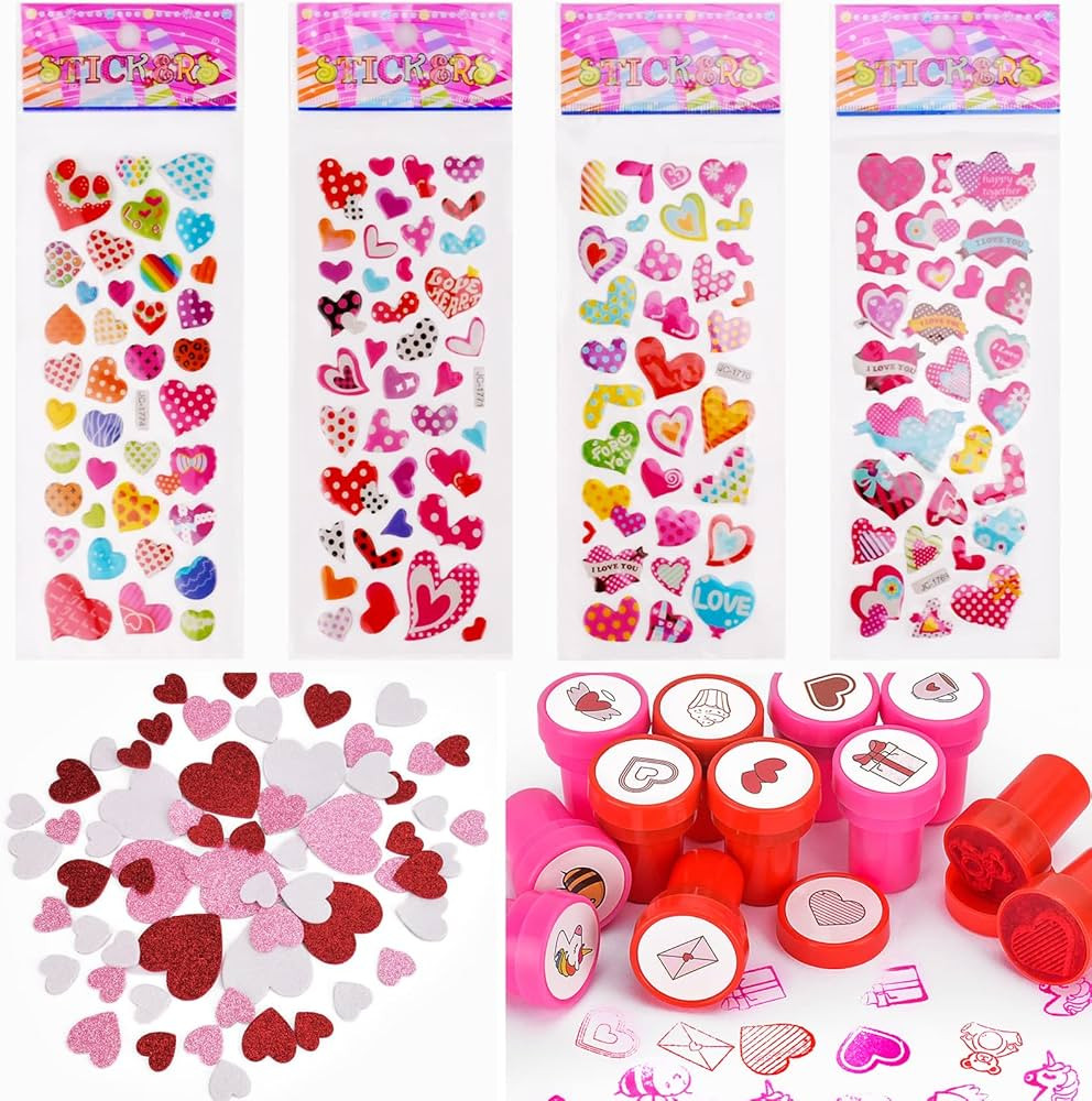 Valentines Day Gifts for Kids Classroom,12 Pcs Assorted Stamps,3D Puffy Stickers,Valentines Day B... | Amazon (US)