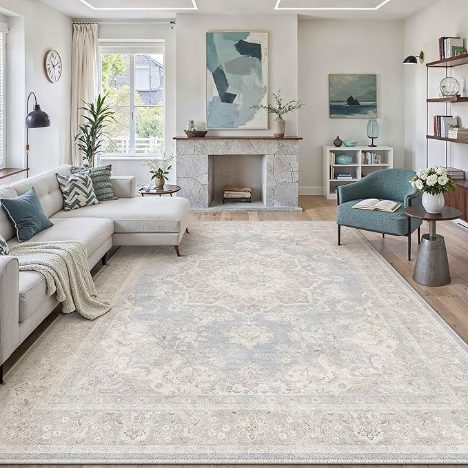 Blue 8x10 Area Rug for Living Room Washable Vintage Large Carpet Non Slip Low Pile Indoor Bedroom... | Amazon (US)