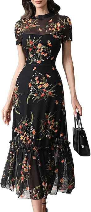 GothDark Women's Summer Floral Mesh Ruffle Dress Short Sleeve Round Neck Waist Cinched Casual Max... | Amazon (US)