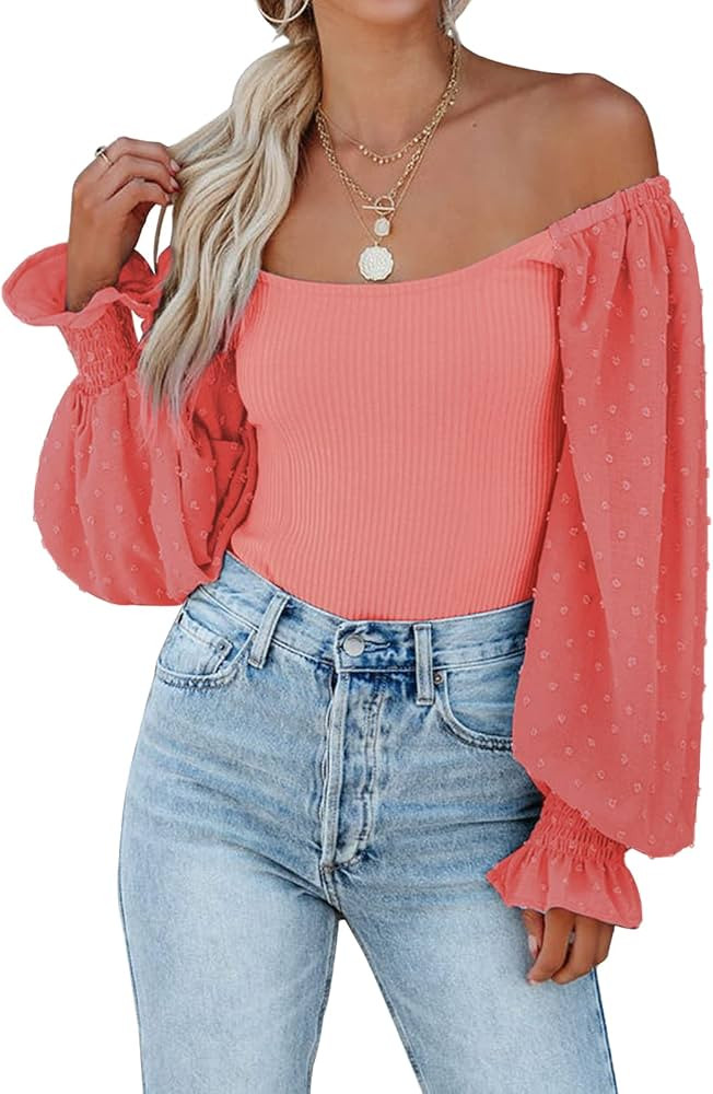 miduo Womens Fashion Bodysuit Slim Fit Square Neck Swiss Dot Puff Long Sleeve Ribbed Knit Bodysui... | Amazon (US)