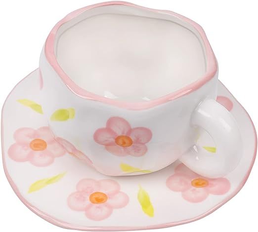 Koythin Ceramic Coffee Mug, Cute Pink Flowers Cup with Saucer for Office and Home, Dishwasher and... | Amazon (US)