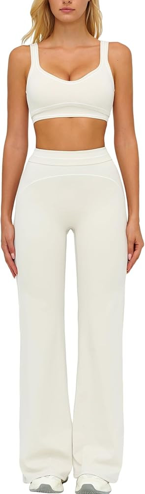 Womens Workout Set Two Piece U Back Color Block Sports Bra Matching High Waist Leggings Gym Work ... | Amazon (US)