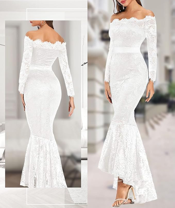 LALAGEN Women's Floral Lace Long Sleeve Off Shoulder Wedding Mermaid Dress | Amazon (US)