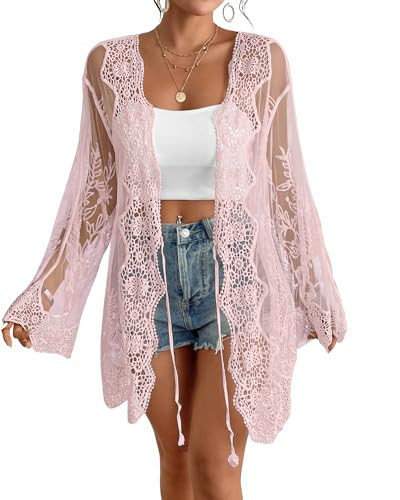 Bsubseach Women Mesh Lace Kimonos 2026 Swim Cover Up Summer Bikini Beach Coverup Boho Back Cutout Sheer Kimono Cardigan Pink | Amazon (US)
