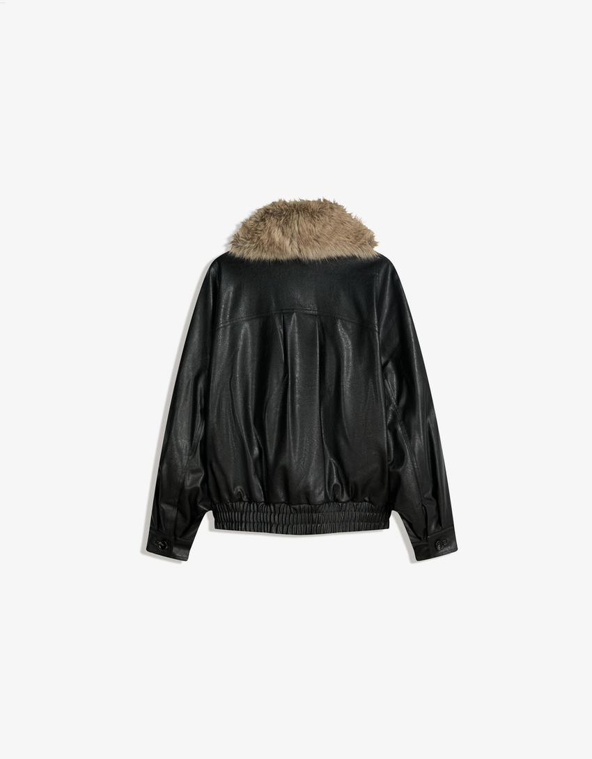 Faux leather jacket with faux fur collar - Jackets and trench - Women | Bershka GB