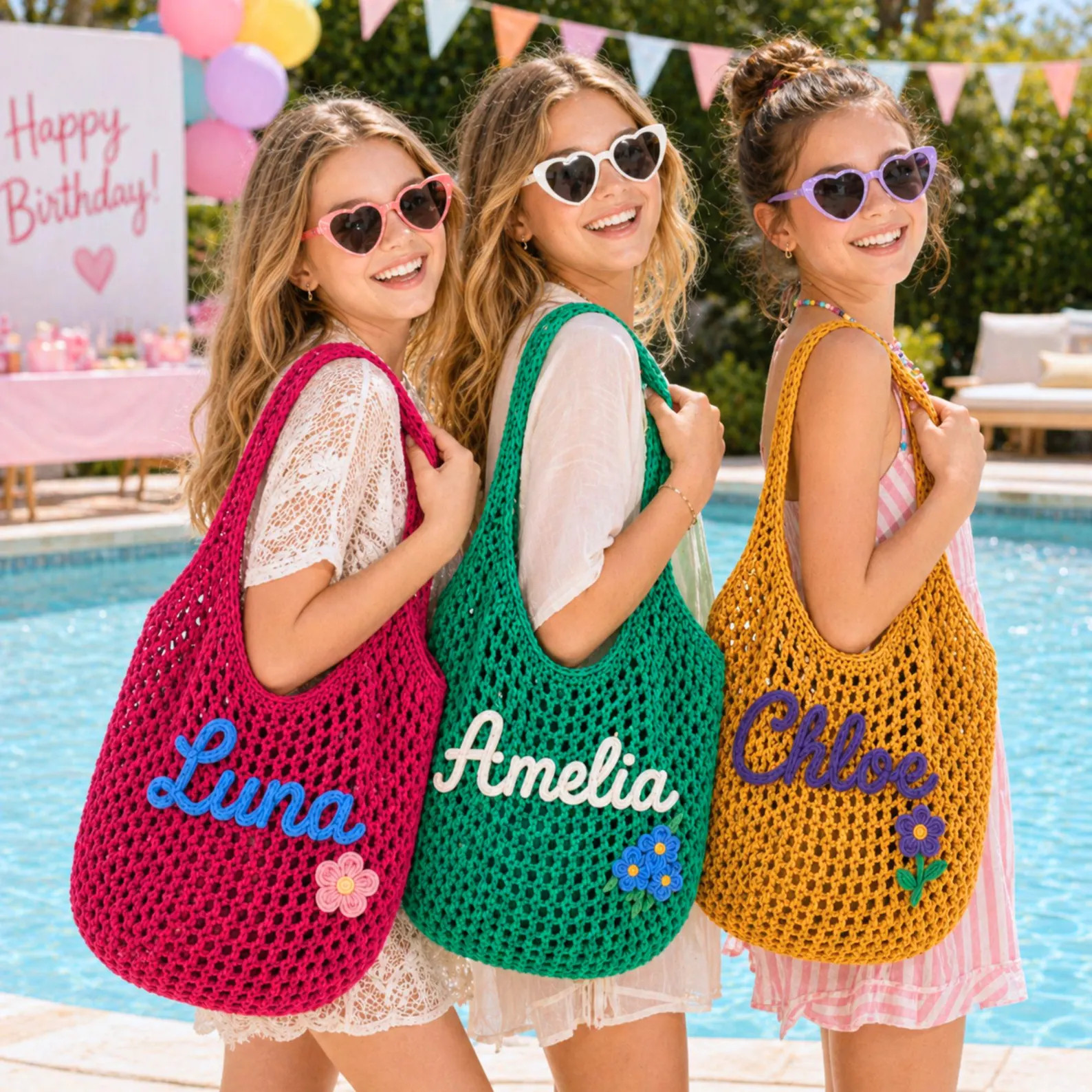 Personalized Crochet Pool Day Bag With Name Embroidery And Charm For Tween Girl Birthday | Etsy (Global)
