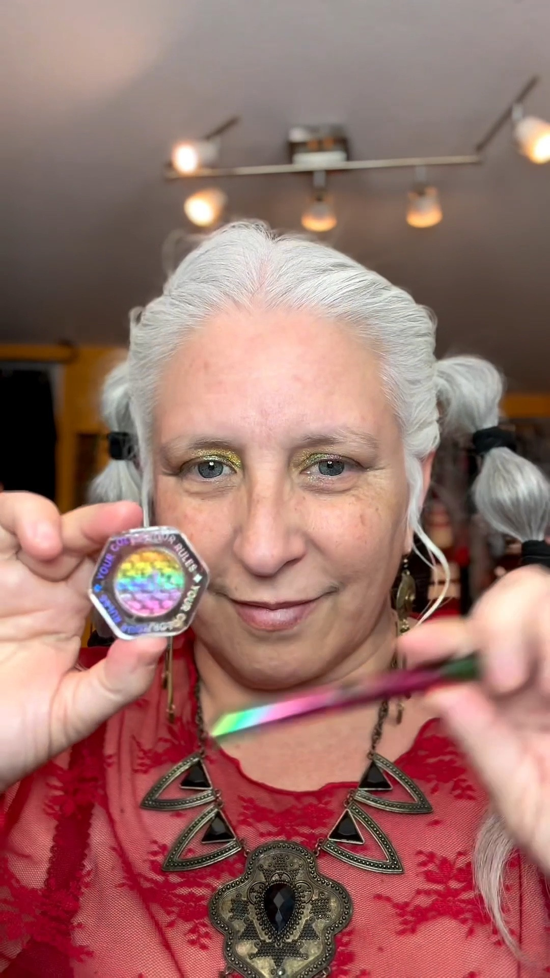 First layer=highlighter!

Ourbella Rainbow Highlighter in Ultranova
Kaleidos Tourmaline
ColourPop Créme Gel Liners in Kicker, Outer Space and Be My BB
Burt’s Bees liquid lipstick  in Drenched Dahlia

#rainbowmakeup
#ourbella #highlighter #dancemakeup #goingoutmakeup