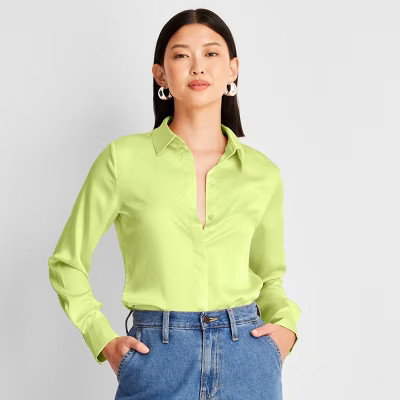 Women's Long Sleeve Button-Front Shirt - A New Day™ Light Green L | Target