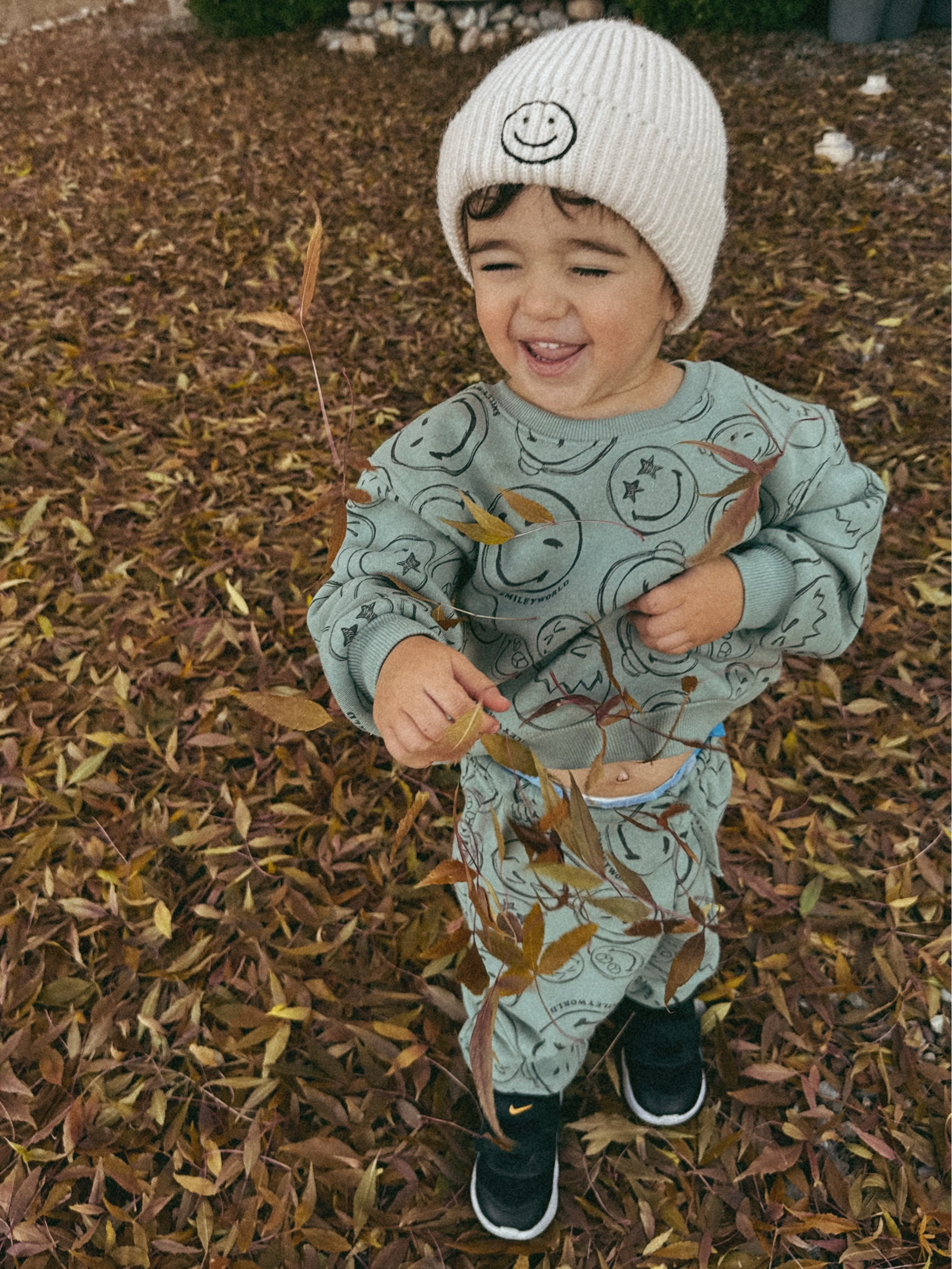 Noah is 2yo and he is wearing a 3T ✨😊 The beanie is from Rad Toddler on instagram! He’s just wearing some Nikes that were on sale at the outlet. 