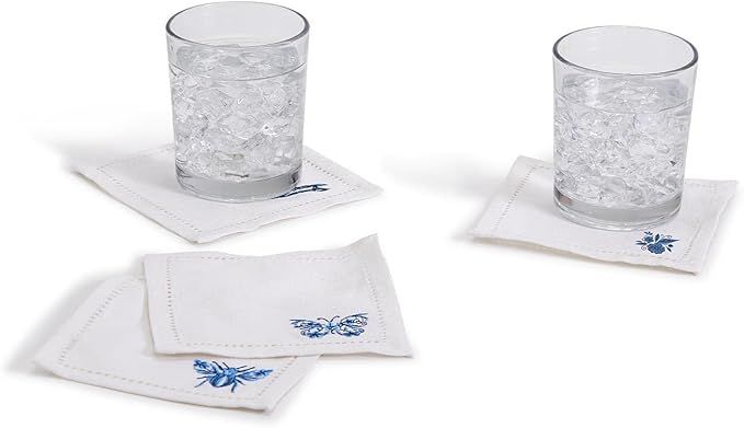 Two's Company 53805 Embroidered Hemstitch Cocktail Napkins with 4 Designs: Bee, Butterfly, Bird, ... | Amazon (US)