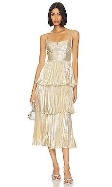 self-portrait Tiered Midi Dress in Gold from Revolve.com | Revolve Clothing (Global)