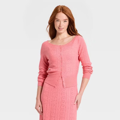 Women's Valentine's Long Sleeve Pointelle Heart Cardigan - A New Day™ Pink XL | Target