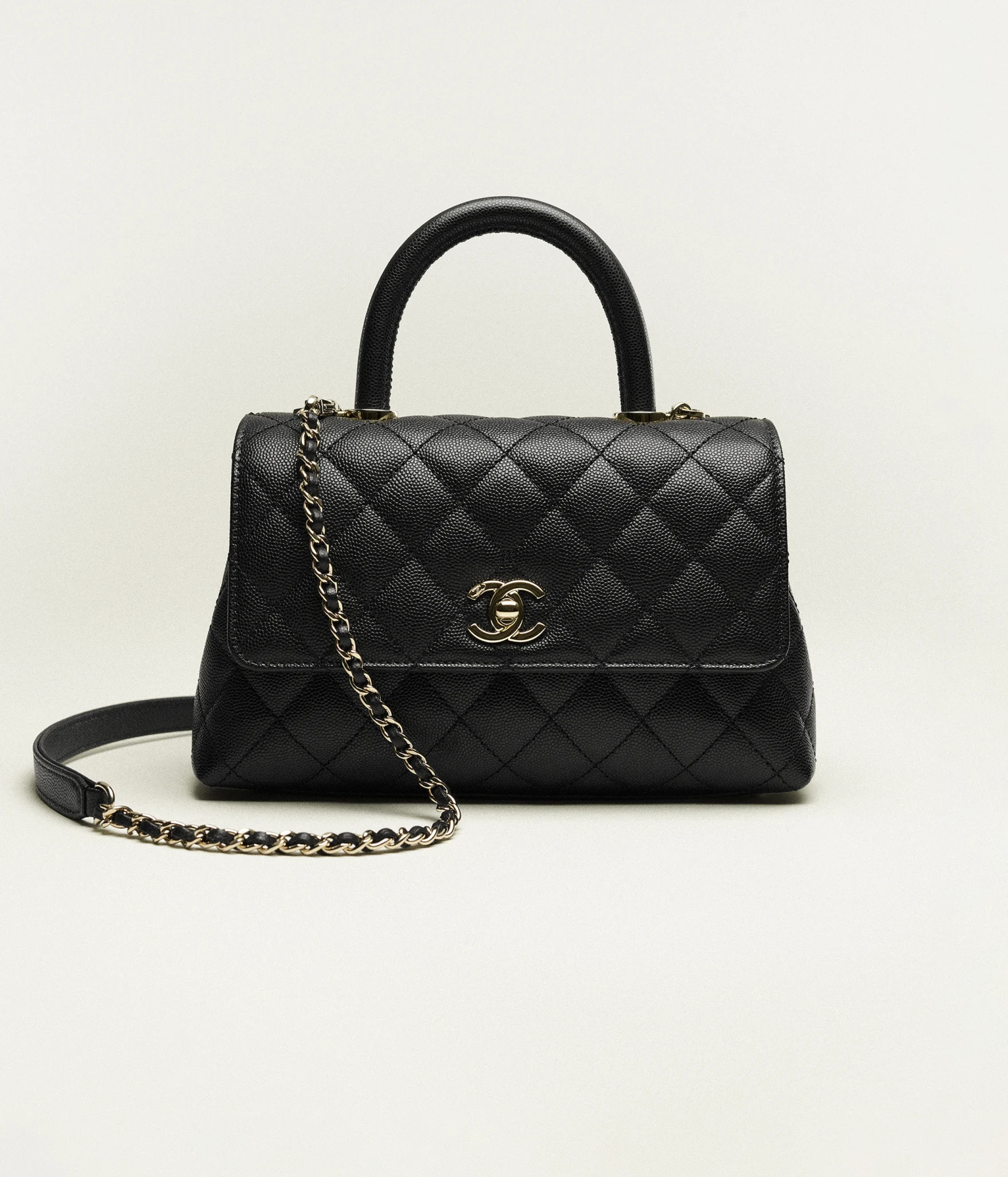 Flap bag with top handle, Grained calfskin & gold-tone metal, black — Fashion | CHANEL | Chanel, Inc. (US)