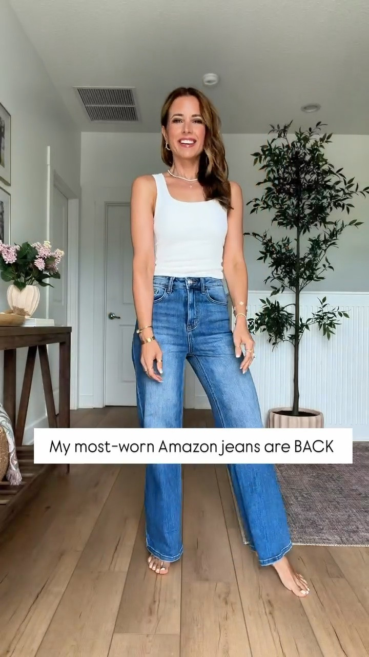 My favorite Amazon tummy Control jeans are back!this is ‘medium blue’ and 30” inseam, size 24. You could size down if in-between sizes. I just love these!! My most worn pair from Amazon! Ribbed no-bra needed tank top in XS. Summer outfit. Casual outfit. Mom outfit. Fall outfit.

#LTKgrwm #LTKootd #LTKPetite