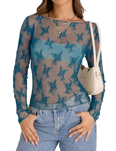 Rapbin See Through Mesh Shirts Top Boat Neck Lace Undershirt Fitted Sheer Long Sleeve Tops Clubwear Party Night Blue M | Amazon (US)